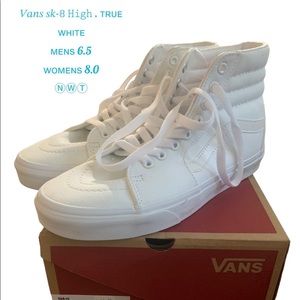 NEW WITH TAGS. VANS SK8-HI men’s 6.5/women’s 8.0 True White